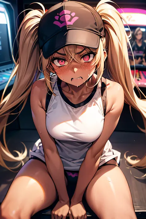 Sit with your left knee raised.                                  Young Woman，1 person，Blonde，Twin tails，Super beauty，((Dark brown skin:1.4))，((blush)),((anger:1.4))，sweat，Staring at the audience，，She is wearing a pink baseball cap, a white dress, and black...