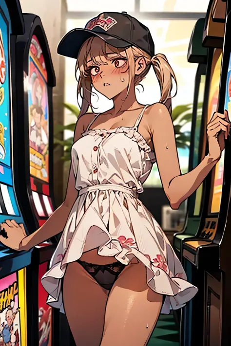 Cowboy Shot.                                  Young Woman，1 person，Blonde，Twin tails，Super beauty，((Dark brown skin:1.4))，((blush)),((anger:1.4))，sweat，Staring at the audience，，She is wearing a pink baseball cap, a white dress, and black and purple panties...