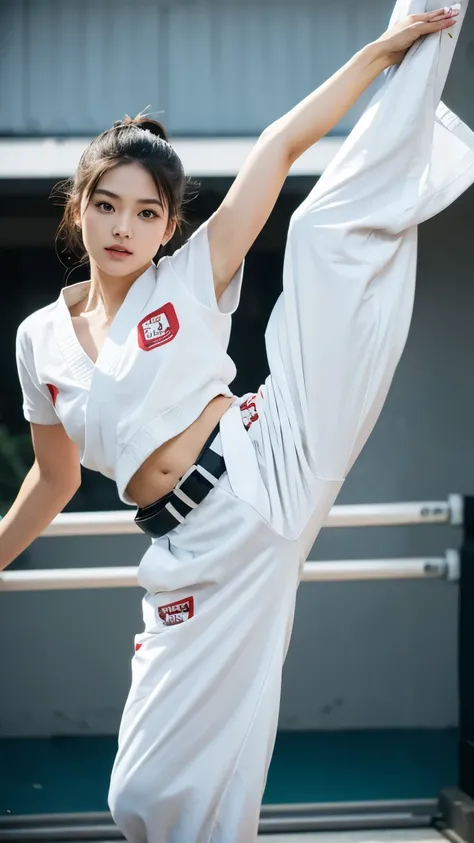 Wild and beautiful young woman, High Side Kick, Arms at your sides, Muscular body, Incredibly accurate depiction of faces, Accurate delineation of arms and legs, White karate uniform, White karate pants, Karate belt, photograph, 超リアリスティックなphotograph, View ...