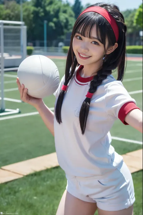 Realistic photos、Pretty girl、One Girl、Primary school students、Slim body、(Realistic Skin:1.5)、Athletics Stadium、Stadium、Expressing joy with your whole body、Holding a trophy、The trophy is big、(Fabric hair band on forehead、Bright red hairband、Thin hair band、W...