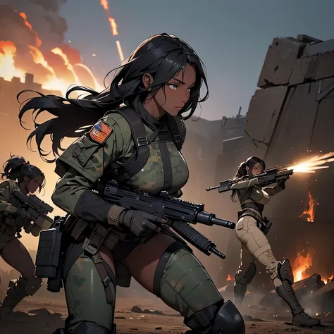 nsfw, anime screencap style, 16k, very wide shot, perfect anatomy proportion body, action, A dynamic composition with a sense of speed and movement, Camouflage-colored heavy armor steam engine full armor powered suit, (Many sexy female soldiers having a gu...