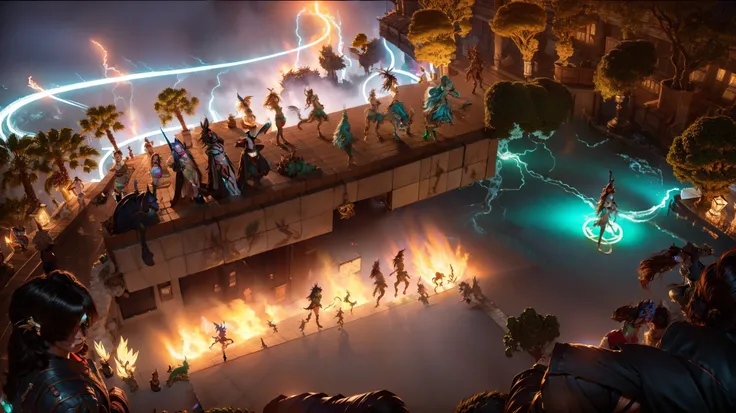 Create an ultra-wide-angle macro scene illustration，Show（8 unique Centaurs，Centaur：9）Princess，They each have their own unique colors and styles.： 1. Snow-white（Angel centaurs：6）Radiant，2. Fiery Red（Flame Centaur：6）She is surrounded by flames，Like a nightma...