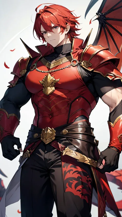 「A fully humanized version of Rathalos, with powerful, broad shoulders and strong, muscular build. He has wild, flame-like red hair, and sharp, piercing eyes that glow with intensity. His outfit is adorned with scales and dragon-like motifs, with a red and...