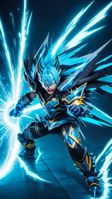 「A fully humanized version of Zinogre, with electric blue hair styled in wild spikes, reflecting his lightning-based attacks. His muscular build and intense, glowing yellow eyes convey raw power. His outfit is adorned with fur and electric motifs, capturin...