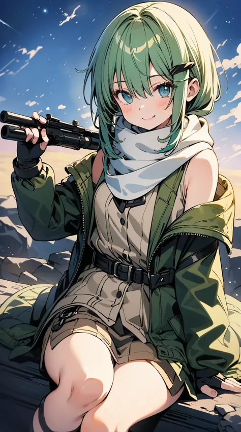 Masterpiece, Highest quality, High resolution, 1 girl in, Sinon 1, scarf, Fingerless gloves, Hair accessories, Hair clip, Leg strap, Cowboy Shooting, Have a gun, Sniper rifle,, Sit on, Has a curve, Small waist, Fat girl,, Surrounded by people、smile