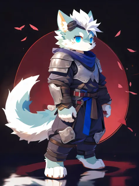 nj5furry，kemono，full-length portrait，anthro，hi res，male，White hair，Black Dragon，warrior，Metal Armor，strong，Fluffy hair，A tail，White plush paw，Delicate eyes，Detailed eyes