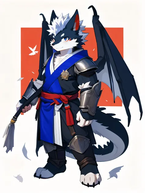 nj5furry，kemono，full-length portrait，anthro，hi res，male，White hair，Black Dragon，warrior，Metal Armor，strong，Fluffy hair，A tail，White plush paw，Delicate eyes，Detailed eyes