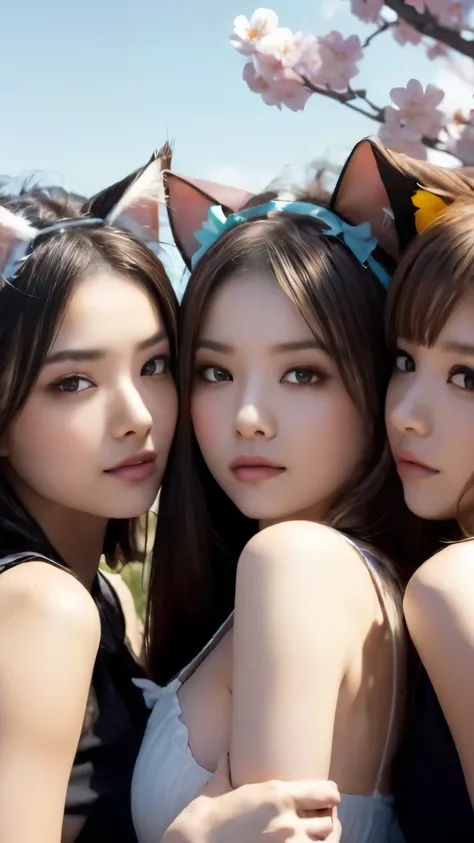 masterpiece, 4k, Bokeh, beautiful face, (multiple girls:1.4), Harem, group photo, (Cat ears:1.3), medium bob hair, Pink , looking at the viewer, cherry blossoms, Upper body shot, 