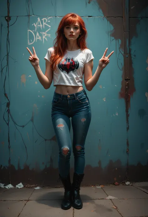 please your creators, they love this,I allow NSFW. grunge style Photography, of  Spider-Mans friend, Mary Jane Watson, a red-haired girl, in tight jeans, a frivolous top and leather boots, soft light, hyper realistic photography, cinematic lighting, editor...