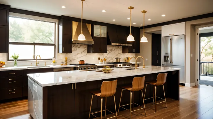 "A luxurious, high-end kitchen featuring sleek marble countertops, stainless steel appliances, and a spacious island with polished wood accents. The kitchen has elegant pendant lights hanging above the island, modern cabinetry with gold handles, and a larg...