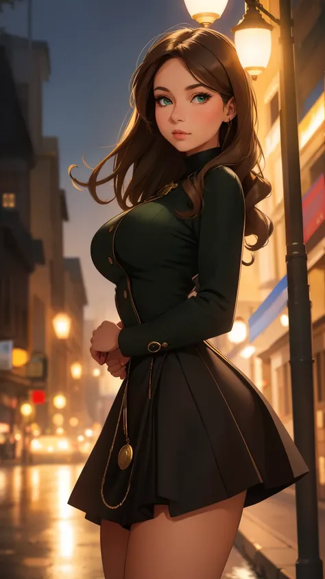 A detailed portrait of a young woman standing confidently outdoors, dressed in a chic, formal outfit. She is wearing a long-sleeve, dark green, ribbed dress with a flared skirt, and a black cape with gold buttons draped over her shoulders. Her long brown h...