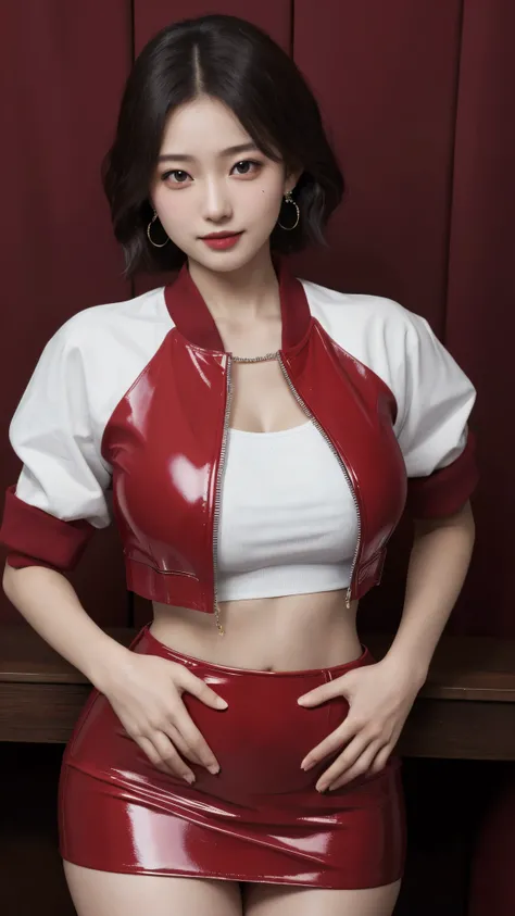 1Girl, Beautiful woman, japanese, Large Breasts, red enamel jacket, red short sleeves, red mini skirt, hand on hip, crop top, skin tight, pencil skirt, shiny clothes, leather, latex, Mole full body, (8k, RAW photo, bestquality,
masterpiece: 1.2), warm smil...