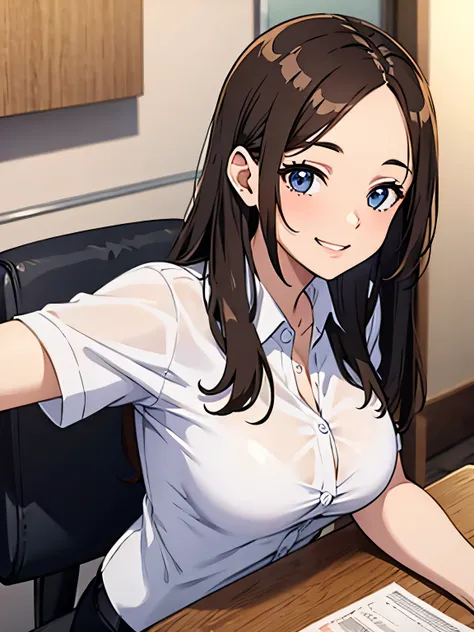 Adult women、Forehead、G-Cup、White Shirt、Brown Hair、Long Straight、smile、Office