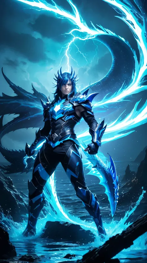 「A fully humanized version of Lagiacrus, with flowing, deep blue hair and a calm yet intimidating presence. His eyes are sharp, glowing with electric energy, and his outfit has a marine theme, evoking the power of the sea. His expression is composed, refle...