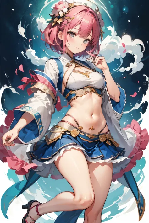 High resolution, masterpiece, Anatomically correct, Best Quality, One girl, smile、Blushing、Short Hair、Large, wide eyes、Rainbow Eyes、Smaller breasts、Small breasts、Pink Hair,Choker、Heart symbol、Shooting from the side、Looking to the side、back、Her belly button...