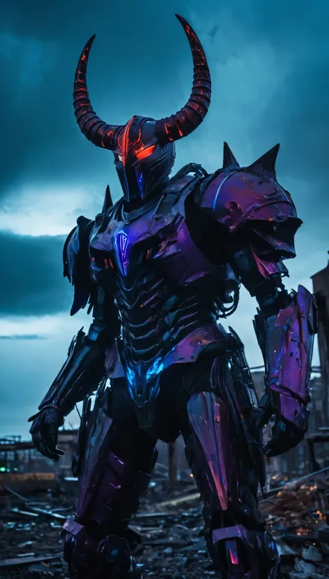 A terrifying, cinematic portrayal of the *Nightmare Sentinel*, a towering, armored entity whose entire form is obscured by a massive, featureless mask of dark chrome. The mask reflects the surrounding destruction in eerie distortions, with no visible eyes ...