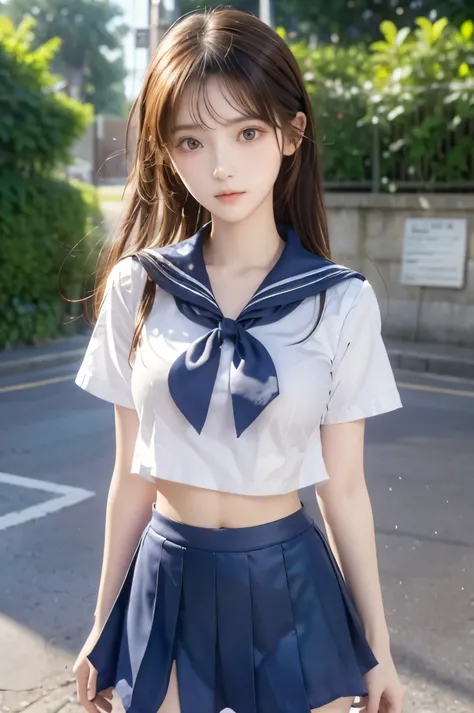(Ultra HD), (Looking at me), (Short-sleeved sailor uniform, Navy blue mini skirt), Big Breasts, Super beautiful breasts, Slender, (Thin legs:1.2), (Thin thighs:1.2), (Thin Hips:1.4), (Beautiful Skin, Shiny skin, White skin), (Super slim face, Super beautif...