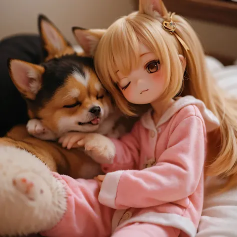 Shiba Inu girl sleeping in chibi pajamas、Girls sleeping in bed