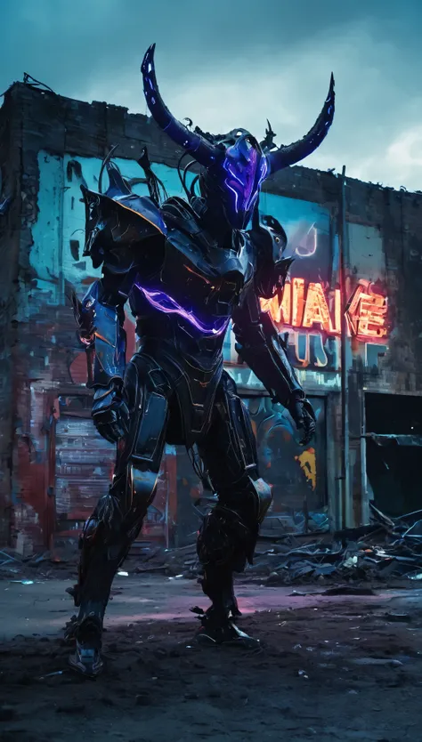 A terrifying, cinematic portrayal of the *Nightmare Sentinel*, a towering, armored entity whose entire form is obscured by a massive, featureless mask of dark chrome. The mask reflects the surrounding destruction in eerie distortions, with no visible eyes ...