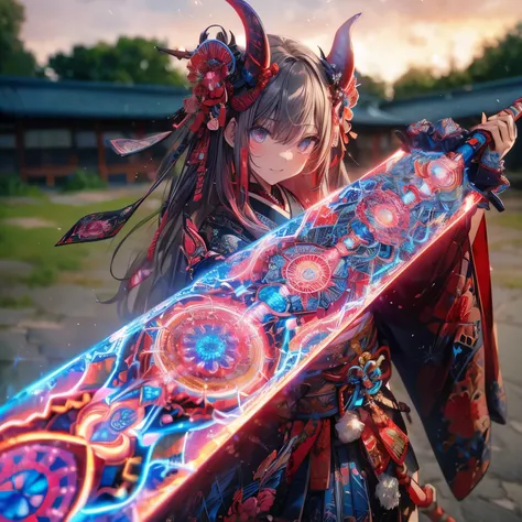 (Best masterpiece: 1.2), CG, 3D, Demon Samurai Girl. He holds a large glowing sword decorated with a colorful and intricate pattern resembling a mandala, extending towards him, the tip of the sword pointing towards the viewer and covered in neon lights and...