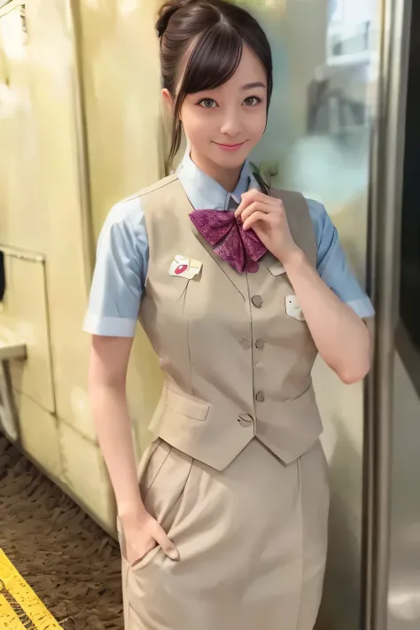 (masterpiece:1.2, Best Quality:1.2), 32K HDR, High resolution, (Alone、1 girl)、（On the roof of a building during the day、Professional Lighting）、Building rooftop background、（Real style of JR Woman wearing train crew uniform beige）、（（JR Female Train Crew Unif...