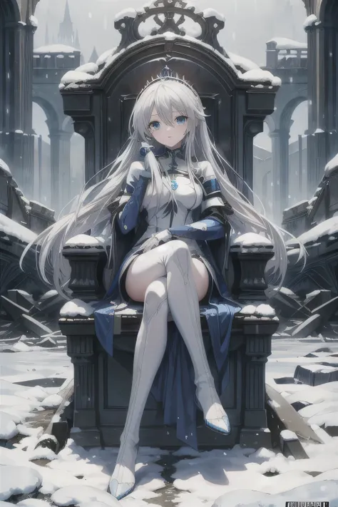 An anime female with dark blue eyes and very long white hair wearing a high-leg mecha suit sitting on a throne in a ruined medieval ruins during a snowy winter