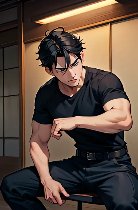 Make a Japanese man, he has an angry expression, he is strong, Has black hair, blue eyes, wears a dark shirt and black cargo pants.
