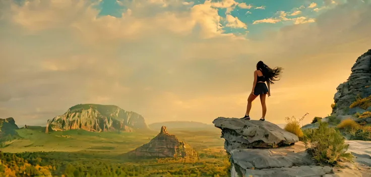 there is a woman standing on a rock looking at a valley, her hair is flowing and long, her body is beautiful, the sky is kind of orange, we can see the sunset, beautiful sky, a girl standing on a cliff, a girl walking on a cliff, a girl standing on the mou...