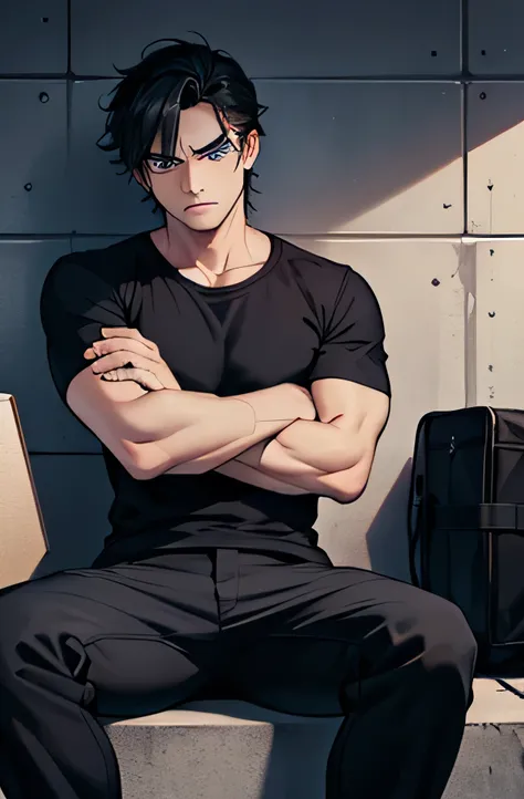 make a man, he is sitting, he has an angry expression, he is strong, Has black hair, blue eyes, wears a dark shirt and black cargo pants.
