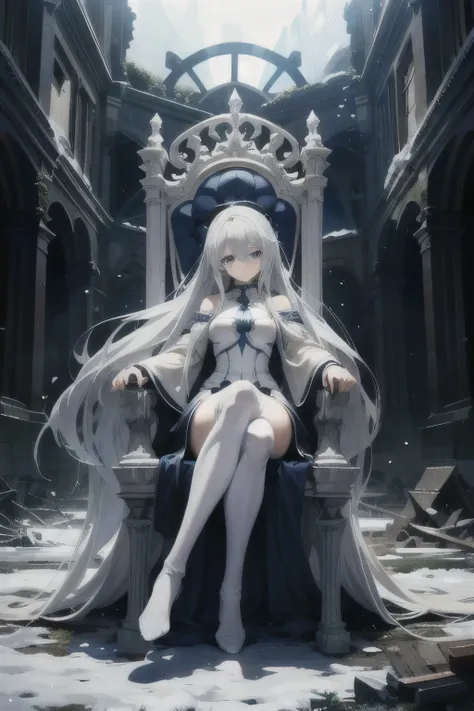 an anime female with dark blue eyes and very long white hair wearing a high-leg mecha suit sitting on a throne in a ruined medie...