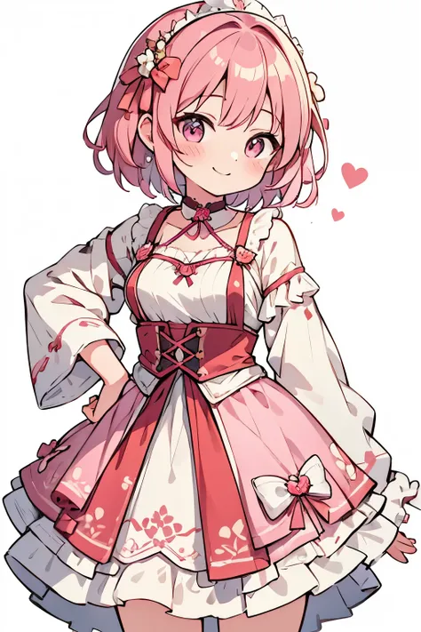 High resolution, masterpiece, Anatomically correct, Best Quality, One girl, smile、Blushing、Short Hair、Large, wide eyes、Smaller breasts、Small breasts、Pink Hair,Choker、Heart symbol、Shooting from behind、back、Simple Background