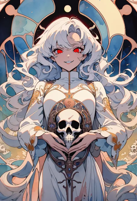 SFW,masutepiece, Best Quality, High resolution, 1girl, upper body, Details , detail hands, Detail fingers, Detail Face, detail legs, watercolor paiting, in graveyard, white hair, pigtails, wavy hair, white clothes, red eyes, skull, bone, (art nouveau:1.25)...