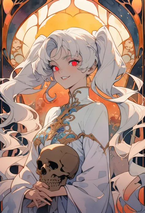 SFW,masutepiece, Best Quality, High resolution, 1girl, upper body, Details , detail hands, Detail fingers, Detail Face, detail legs, watercolor paiting, in graveyard, white hair, pigtails, wavy hair, white clothes, red eyes, skull, bone, (art nouveau:1.25)...