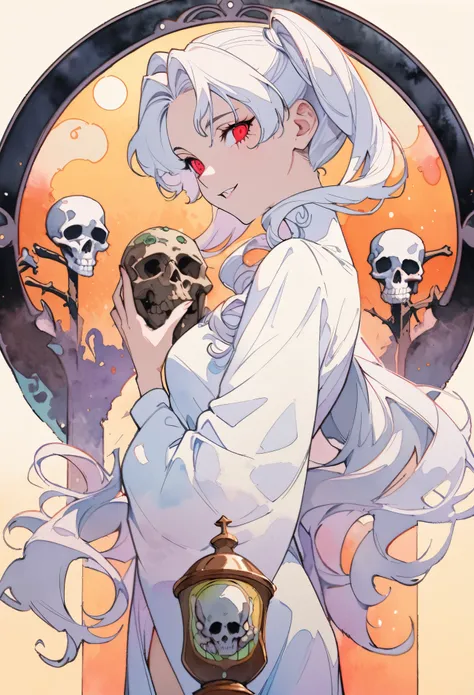 SFW,masutepiece, Best Quality, High resolution, 1girl, upper body, Details , detail hands, Detail fingers, Detail Face, detail legs, watercolor paiting, in graveyard, white hair, pigtails, wavy hair, white clothes, red eyes, skull, bone, (art nouveau:1.25)...