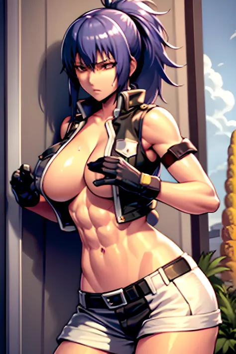 Master piece, high quality, leona heidern,  no bra, fully open vest, visible chest, visible sexy abs, thong , desert, warfare, pony tail, wet, serious, gloves, , sleeveless, belt, touching hair, big tits, tactical.