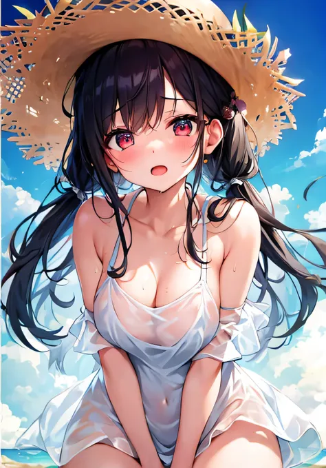 masterpiece、Highest quality、Ultra-high resolution、nsfw、Sweating teenage girl、dripping with sweat、twin tail hairstyle、black hair、Red face、shyly、open your mouth just a little、((White one-piece dress with Sweaty and see-through her naked))、Wear a straw hat、Be...