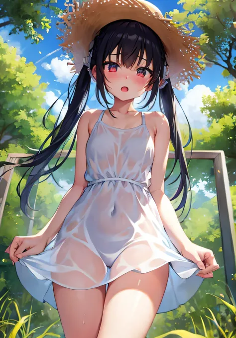 masterpiece、Highest quality、Ultra-high resolution、nsfw、Sweating teenage girl、dripping with sweat、twin tail hairstyle、black hair、Red face、shyly、open your mouth just a little、((White one-piece dress with Sweaty and see-through her naked))、Wear a straw hat、Be...