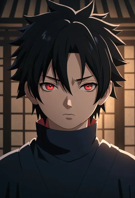 a young  genin boy with black hair, piercing red eyes, arrogant, selfish, wearing the traditional clothing of the uchiha clan, h...