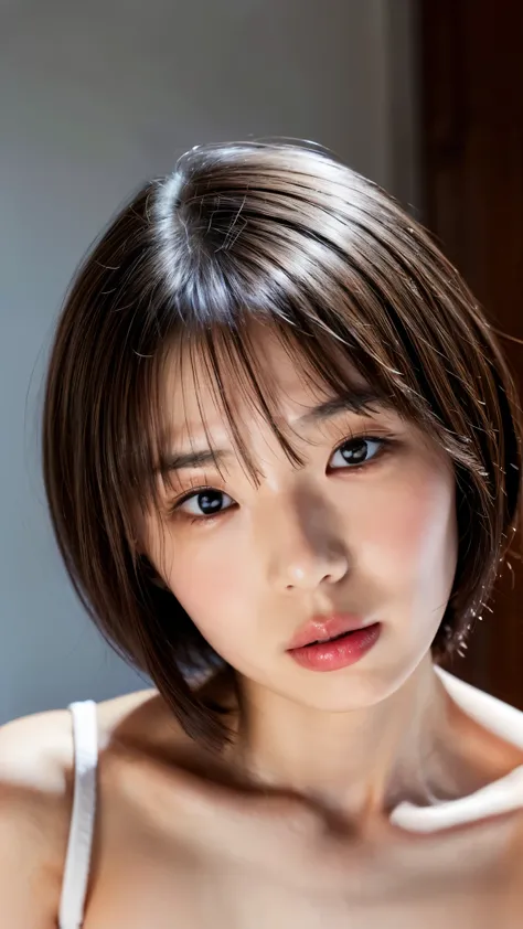 ((Petite women, Sensual woman, No makeup, 柔らかい笑face)), (((Small eyes, length, Narrow eyes, Black Hair, Short Bob Hair))), (Full body portrait, Short Hair, Large Breasts, Wearing a white T-shirt, Protruding nipples, Thick pubic hair), White skin, Glossy pal...