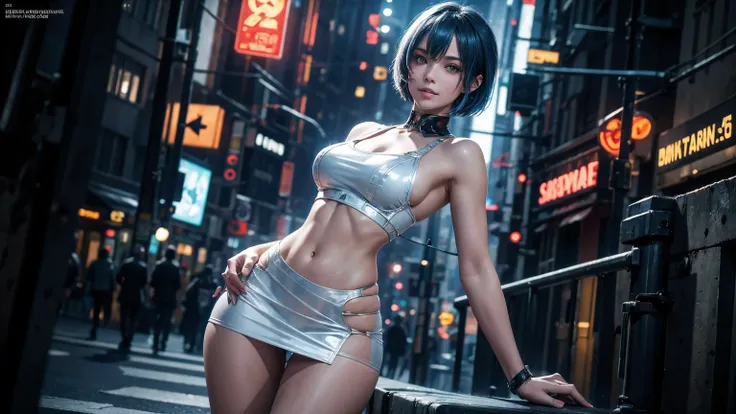 1women,  solo,  8K high Resolution,  Masterpiece,  Best Quality,  cinematic Light,   hips up,   Abs,  Perfect Figure,  Ultra Fine Face,  Delicate Lips,  Beautiful,  dewy skin,  blue bob haircut,   super fine hand,  fine finger,  cyber punk sailor uniform, ...