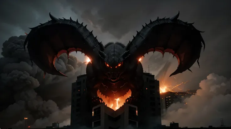 “Huge, menacing monsters with glowing red eyes and sharp claws emerging from clouds of ash. They are crushing buildings and instilling fear.”