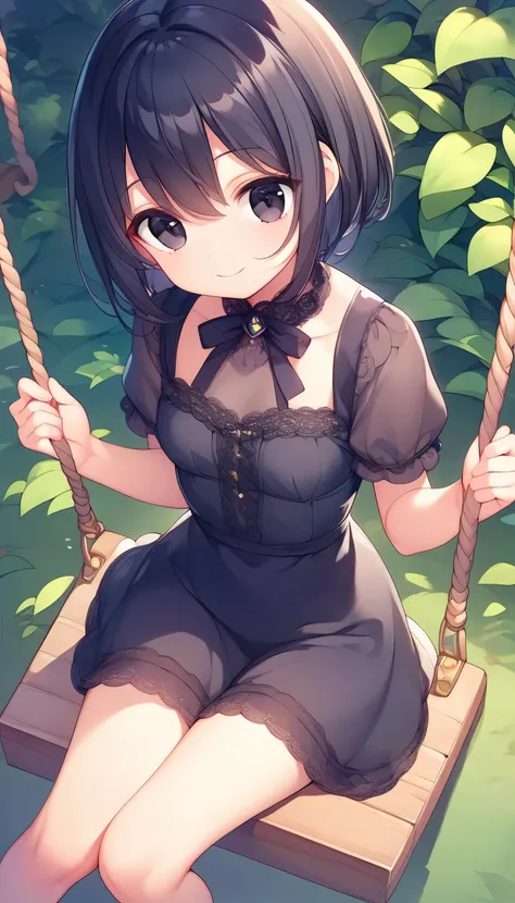 Best Quality、High image quality、8k、One girl、Beautiful short black hair、Beautiful black eyes、Small breasts、short woman、Black dress、Sitting on a swing、close、View from above at an angle、View here、smile