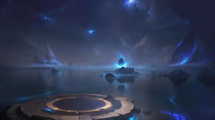 there is a magical pedestal in the middle of the ocean, moonlight starry sky background，league of legends promotion，game promoti...