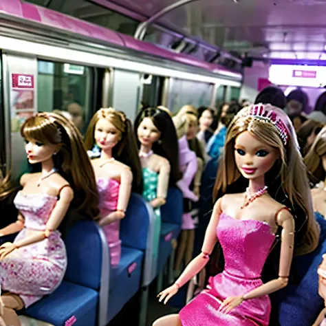 a crowded train full of standing barbie dolls、occupancy rate 150％、