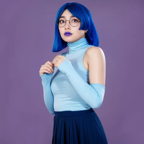 "A young woman with bright blue hair, glasses, and matching blue lipstick, wearing a light blue sleeveless turtleneck and long gloves. Her expression is one of surprise or concern. She is dressed in a dark blue pleated skirt, and the background is a solid ...