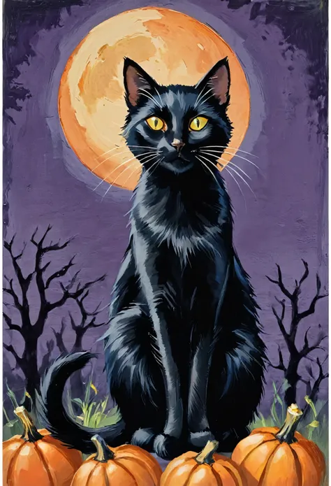 black cat folk-art Halloween wall art