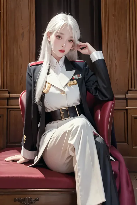 Reality, high resolution, woman, Solitary, Hips up, Look at the audience, (Delicate face), White hair, Long hair, military uniform, Jewelry