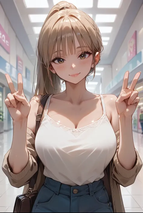 score_9, score_8_up, score_7_up, score_6_up,masterpiece, best quality, intricate details, 1girl, solo, mature female,light brown hair,blunt bangs, high ponytail, upper body, (large, curvy breasts), slim waist, fair skin, slender body, white camisole, jeans...