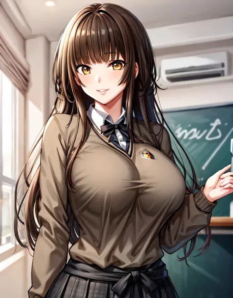 kr1,brown eyes,long hair,blunt bangs,kibito high school uniform,sweater,pleated skirt,(large breasts:1.55),(shiny hair),((solo))...