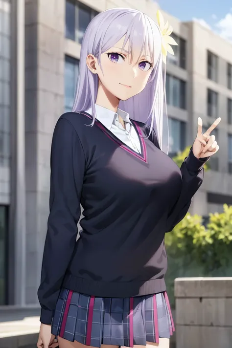 masterpiece, (big tits), (((school uniform))), skirt, (best quality), (solo), 1girl, reona, silver hair, purple hair , long hair, purple eyes ,(photorealistic:1.1), 8k uhd, looking a viewer, outdoors, simple backround, smile, flower hairclip